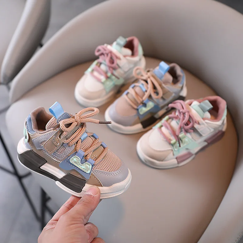 

2023 New Children Fresh Mesh Shoes Pink Girls Sneakers Spring Fashion Kids Shoes Gray Boys Casual Flat Heel Shoes Student