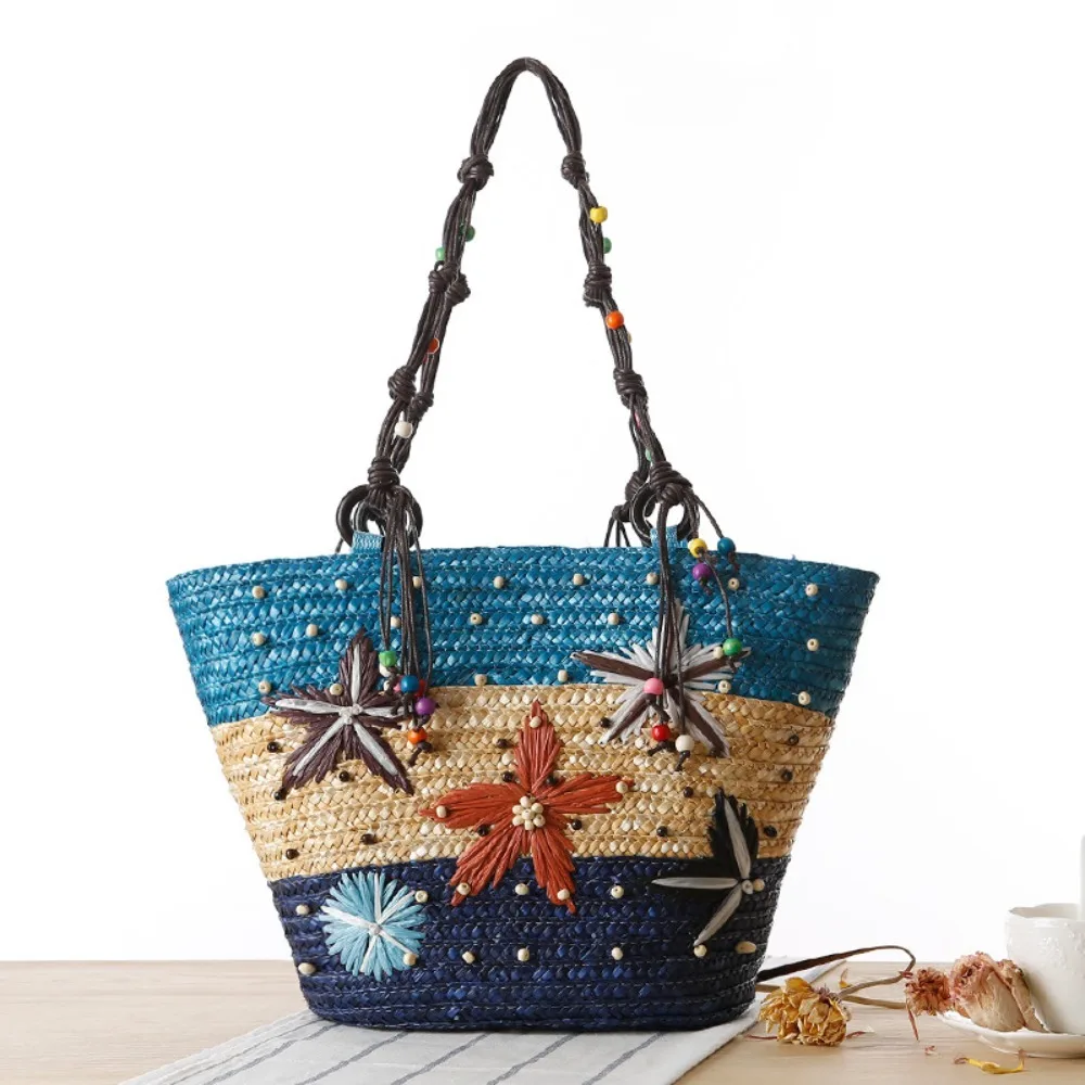 

Boho Straw Tote Bags Women Fashion Starfish Embroidered Woven Handbag Female Personalization Summer Beach Vacation Shoulder Bag