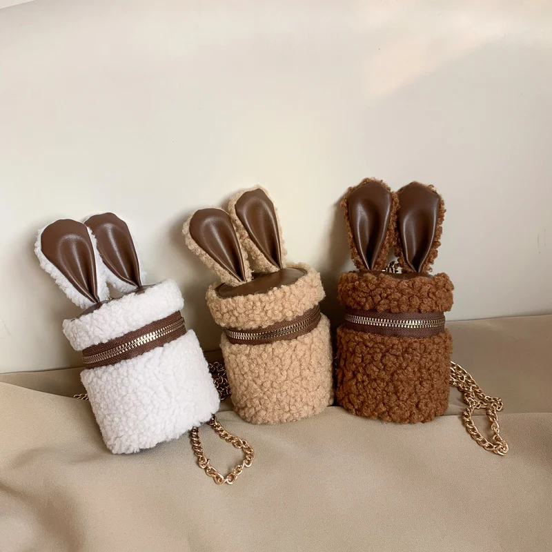 

Cute Rabbit Ears Lambswool Women Small Plush Cylinder Shoulder Bags Faux Fur Crossbody Bag Ladies Phone Purse Bolsas De Mujer
