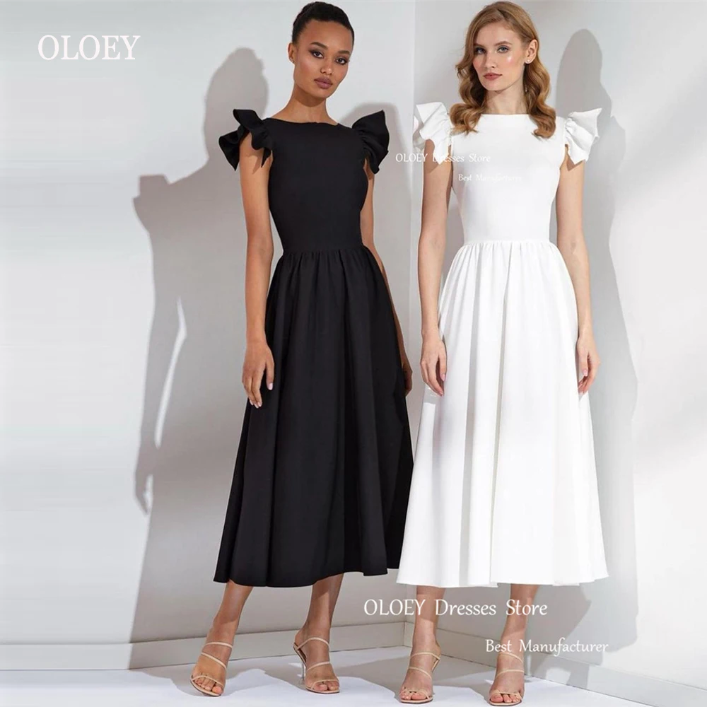 

OLOEY Vintage White And Black A Line Matte Satin Evening Party Dresses Cap Sleeves Tea Length Simple Event Occasion Gowns