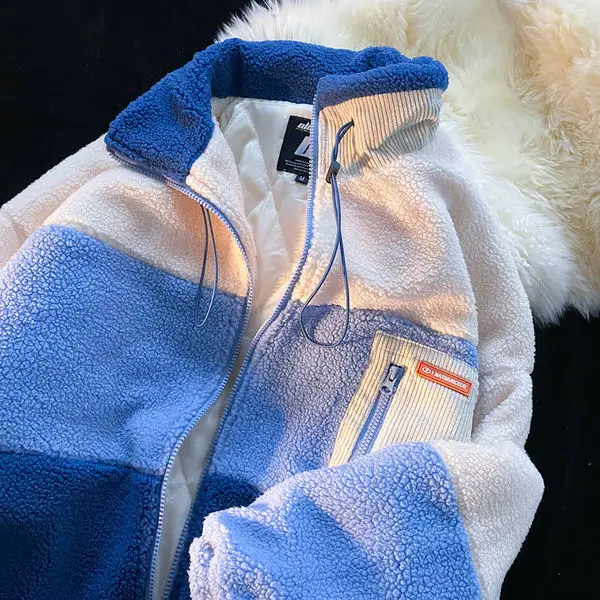 

2022 lamb wool stitching striped cardigan sweater women's winter new design sense niche loose cotton jacket chaketas de mujer