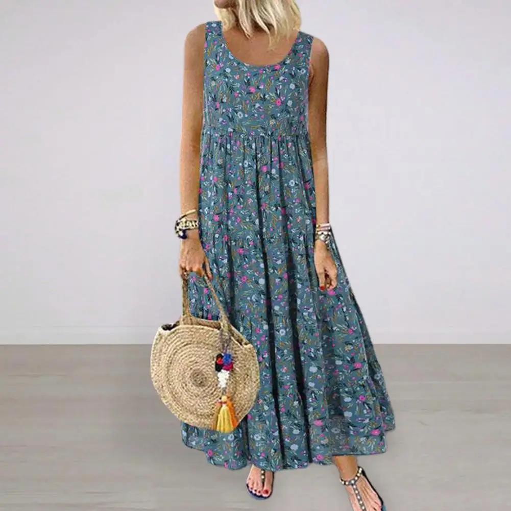 

Women Maxi Dress Sleeveless Flower Printed Loose Hem A-line Large Swing Dress-up Patchwork Ankle Length Plus Size Beach Dress Fe