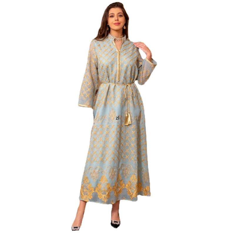 Dresses For Woman 2023 Retro Floral Embroidered Belted Long Dress Moroccan Kaftan Dubai Abaya Muslim Jalabiya Ramadan