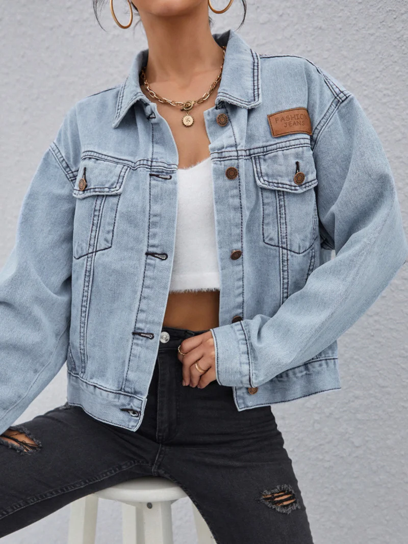 

Spring Flap Pocket Patched Button Up Denim Jacket Women Jean Jacket Casual Slim Long Sleeve Denim Coat Denim Jacket