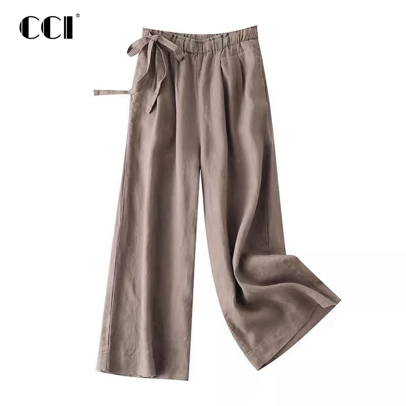 

Женские широкие брюки CCI с высокой талией, Новое поступление, однотонные свободные брюки в винтажном стиле из хлопка и льна до щиколотки, YJ051P