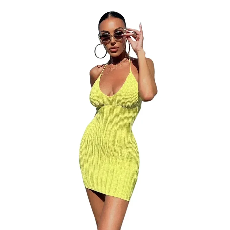 Модное женское вязаное платье с бретелькой на шее сексуальное низкой грудью и
