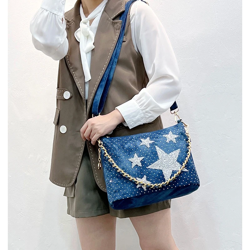 

Bag Women 2022 New Korean Jeans Canvas Hot Drilling Five Point Star Large Capacity Tote Bag One Shoulder Crossbody