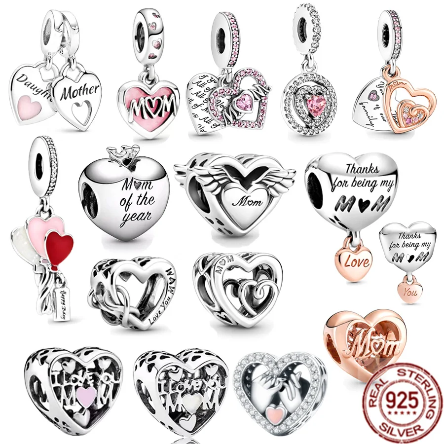 Fine 925 Sterling Silver Love You Mom Double Heart Split Dangle Charm Beads Fit Original Pandora Bracelet DIY Women Jewelry Gift