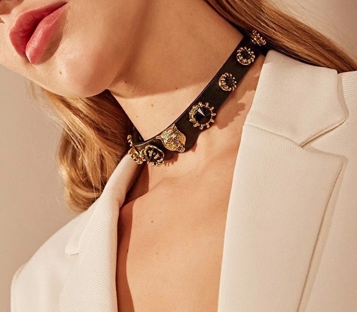 Vintage Leopard Head Leather Gemstone Necklace Bracelet Dual Use