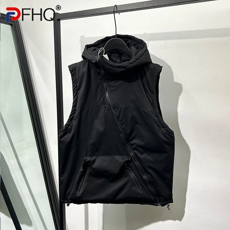 

PFHQ мужской пуховик с Диагональной молнией, модные дизайнерские утепленные нестандартные темные куртки с капюшоном, Осенний жилет Ins 21Z2973