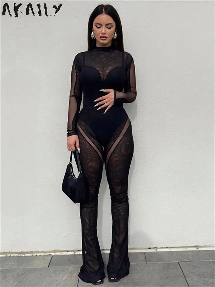 

Akaily Fall Black Mesh 2 Two Piece Sets Womens Party Outfits 2022 See Through Long Sleeve Bodysuit And Long Pants Sets Ladies