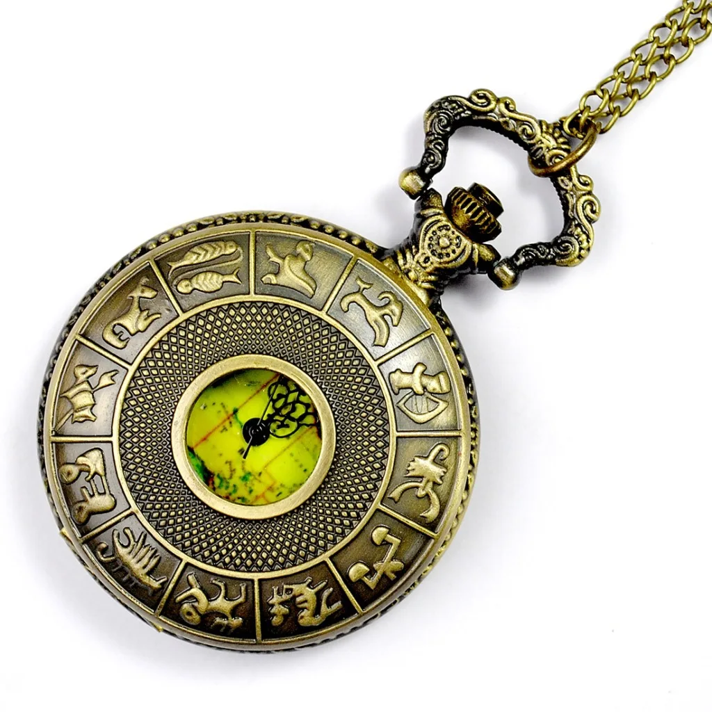 

Vintage Hollow Zodiac Case Quartz Pocket Watch for Men Women World Map Dial Fob Chain Bronze Engraved Carving Clock Man Watches