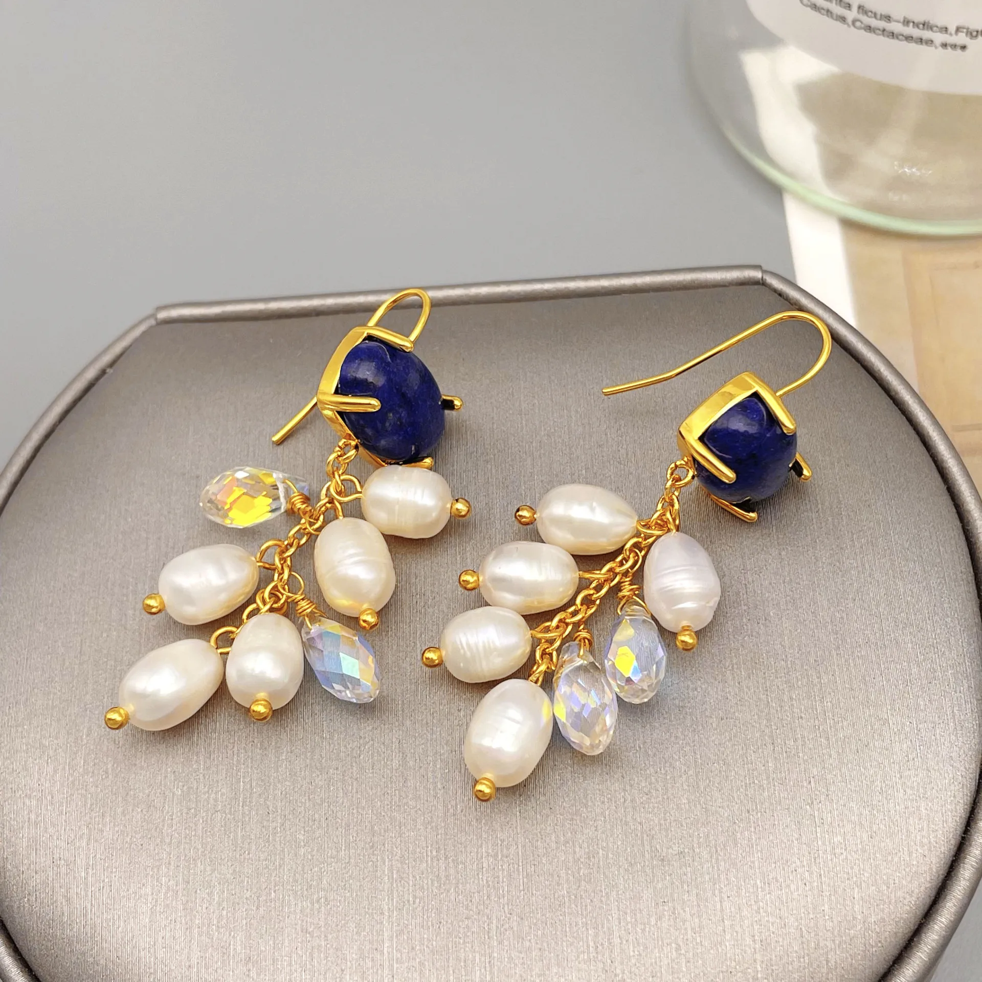 

Vintage Baroque freshwater pearl natural lapis lazuli personality exaggerated tassels long earrings