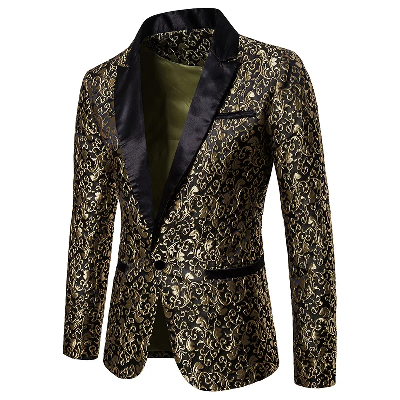

Luxury Gold Jacquard Bronzing Floral Blazer Suit Brand Mens Single Button Tuxedo Jacket Wedding Dress Party Stage Singer Costume