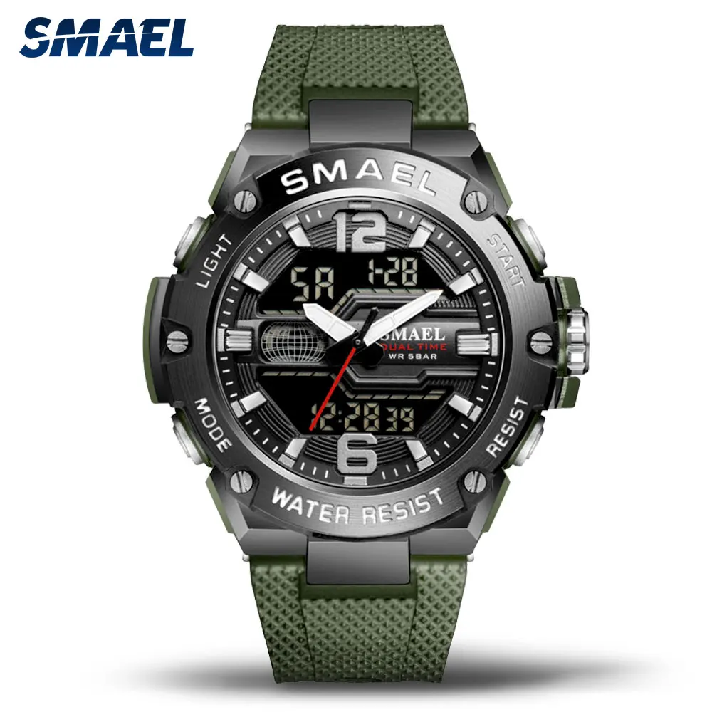 

Часы SMAEL Мужские кварцевые в стиле милитари, спортивные цифровые с двойным дисплеем времени, водонепроницаемость 50 м, с автоподзаводом, датой, неделей и секундомером