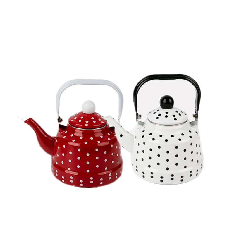 

2.5L Red White Polka-dot Ancient Bell Water Boiler Pot Porcelain Enameled Kettle with Steel Handle Large Tea Pot Coffee Pot