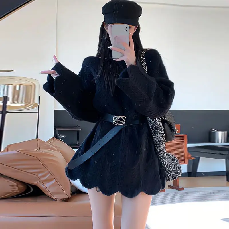 Dimanaf 2024 осень плюс сексуальные женские базовые свитера пуловер с поясом топы