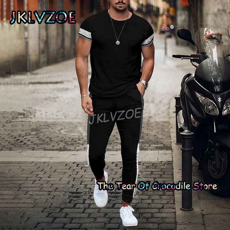 Retro Men's T Shirt Tracksuit Trousers 2 Piece Set Stripe Pattern Short Sleeve Pants Streetswear 3D Printing Summer Clothing