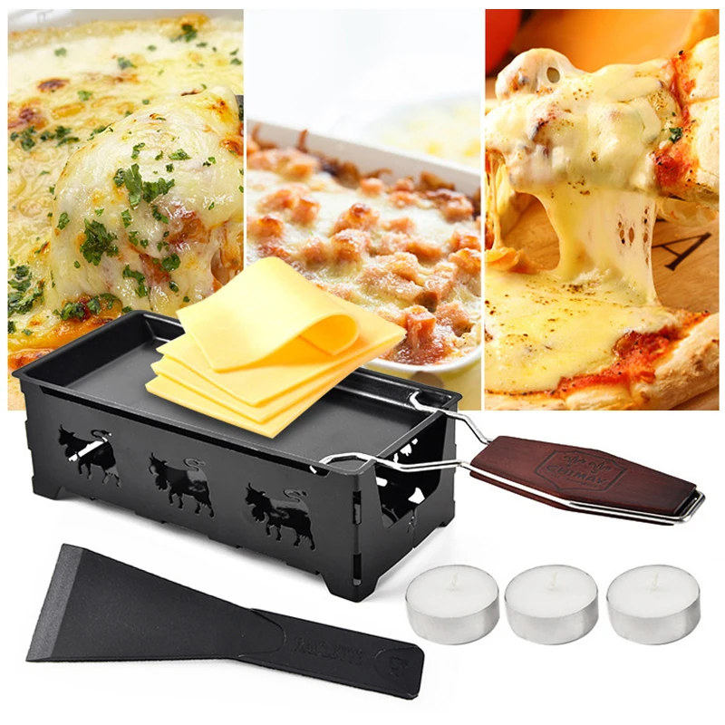 

Stainless Steel Cheese Oven Fondue Set Wooden Handle Heat Resistant Cream Chocolate Baking Tray Fondue Pot Set Kitchen Gadgets