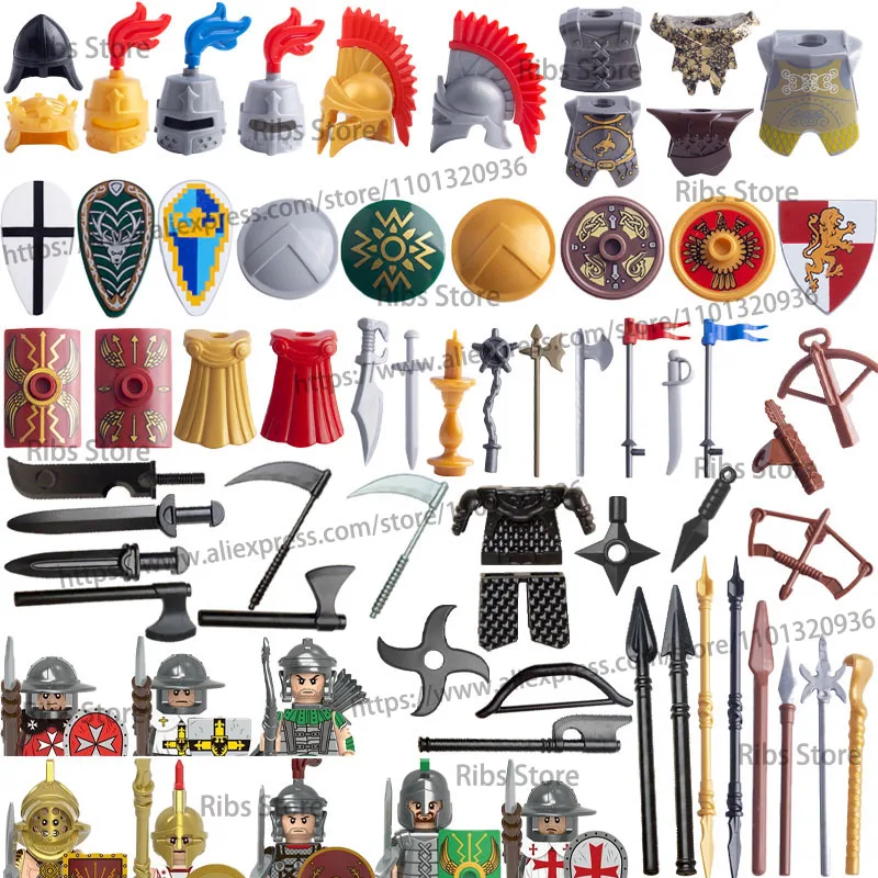 

Medieval Soldier Figure Building Blocks Military Accessories Shield Helmet Vest Cloak Flag Sword Animal Mount Bricks Toys C395