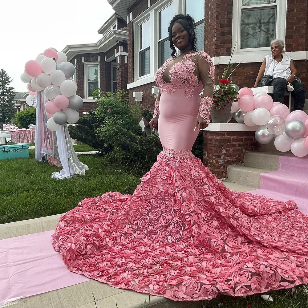 

African Black Girl Plus Size Prom Dress Luxury Beaded Appliques Top Long Sleeves 3D Flowers Pink Mermaid Long Party Prom Gowns