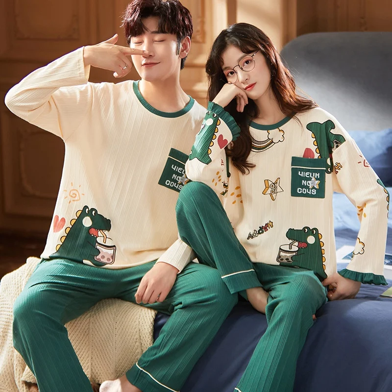2022 Autumn Couple Long Sleeve Cute Cartoon Cotton Pajama Sets for Men Korean Loose Sleepwear Pyjama Women Homewear Home Clothes