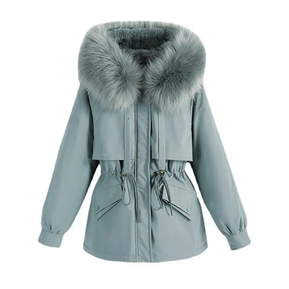Long Sleeves Waist Drawstring Zipper Buttons Closure Pockets Women Coat Winter Faux Fur Hooded Fleece Lined Mid-Length Down Jack