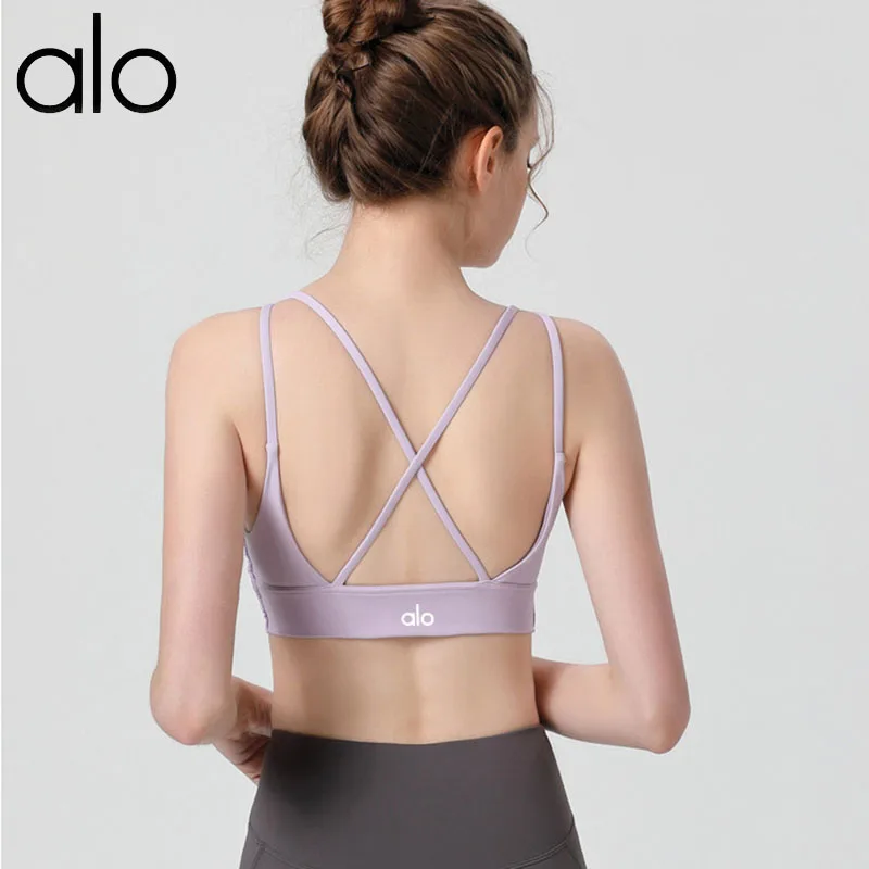 

Alo Yoga Woman V Neck Straps High Impact Sports Bras Crop Top Padded Vest Fitness Tank Gym Underwear Workout Sportswear Black