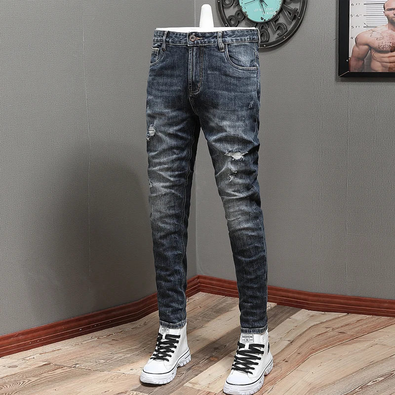 Fashion Designer Men Jeans Vintage Blue Stretch Elastic Slim Fit Ripped Jeans Men Hole Trousers Casual Retro Denim Pants Hombre