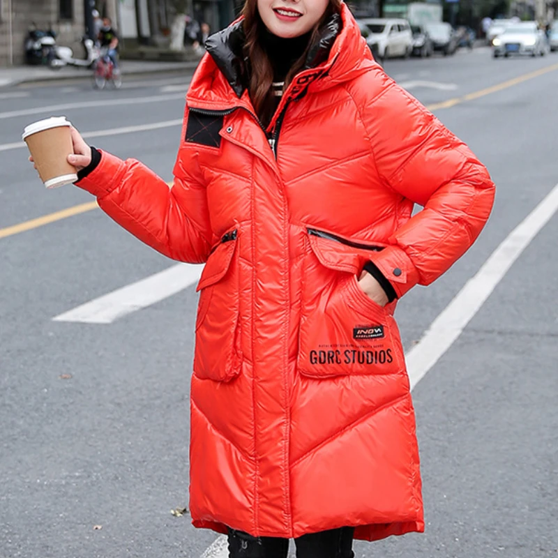 Shiny Face Down Padded Jacket Mid-length Russian Simple Thick Coat Women 2023 New Winter Korean Version of Loose Hooded Overcoat