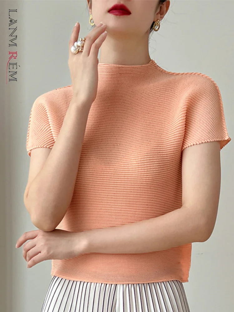 

Женская плиссированная футболка LANMREM с воротником-стойкой и короткими рукавами, однотонные топы, модная женская одежда, новинка 2023, 2YA3777