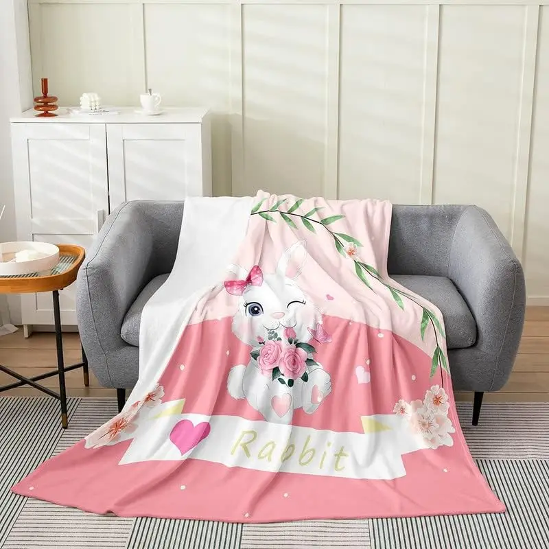 

Cartoon Rabbit Print Pink Flannel Fleece Throw Blanket Kids,Cute Rabbit Fuzzy Blanket for Bed Sofa Couch,All Season