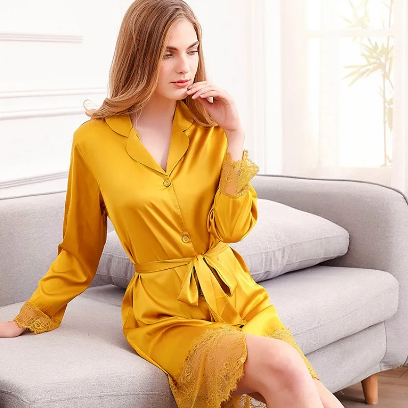 

Sexy Lace Splice Women's Nightgown Spring Autumn Fashion Long Sleeve Silk Like Home Pajamas Comfortable Cardigan Bathrobe