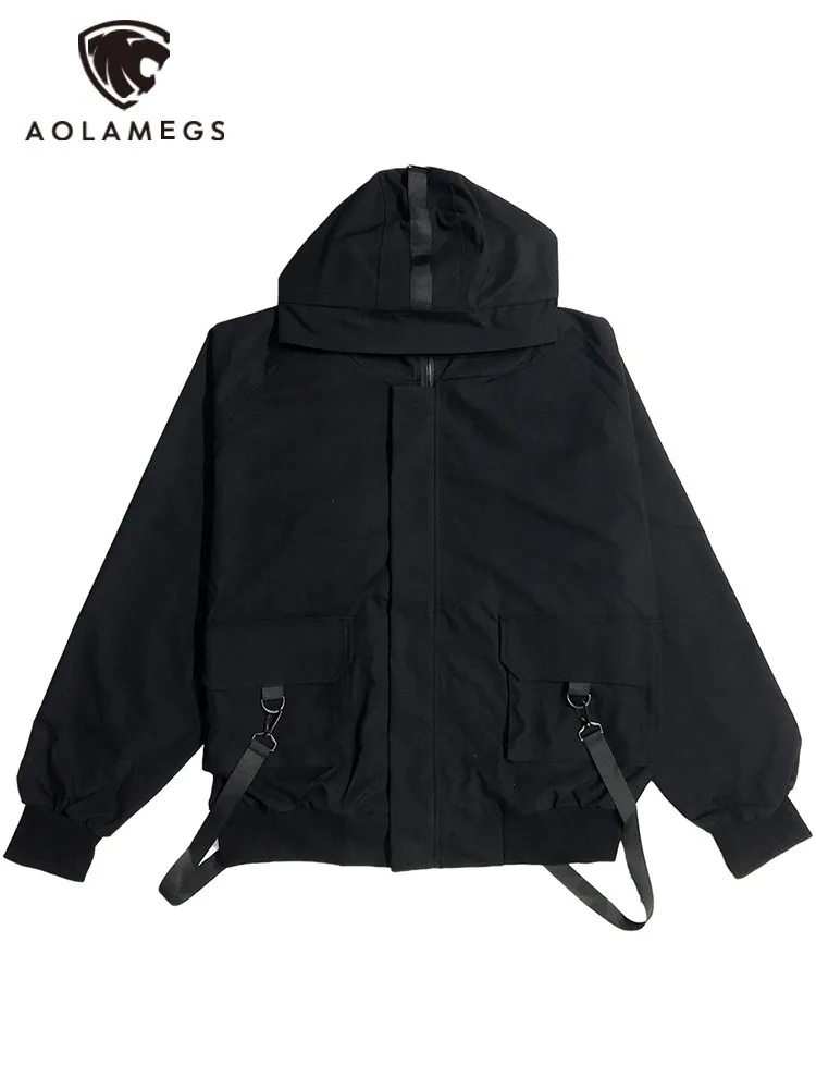 

Aolamegs Cargo Jacket Men Multi-Pocket Functional Zipper Hooded Windbreaker Coats Harajuku Baggy Fashion Punk Cool Outwear Black