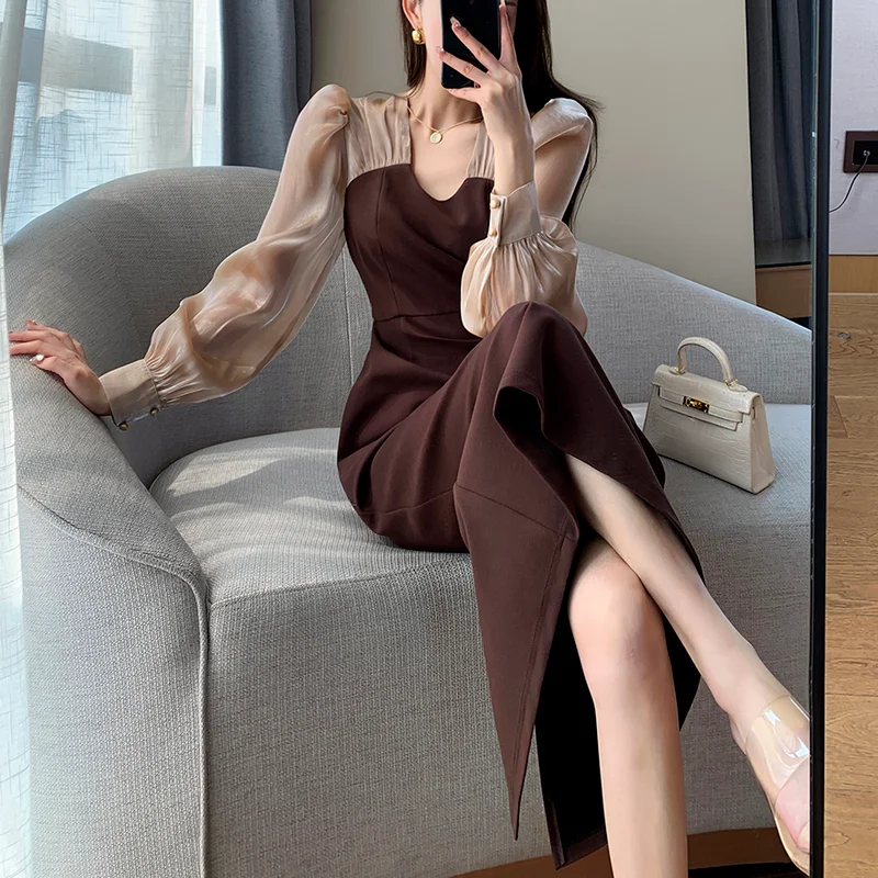 

Autumn Vintage Long Sleeve Midi Dress Women Elegant Office Lady V-neck Puff Sleeve Dress Korean Sexy Split Evening Party Dress