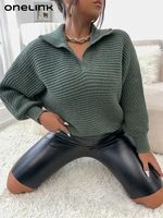 onelink mint green plus size women sweater v neck turn down collar loose long sleeves oversize knit top 2022 autumn winter