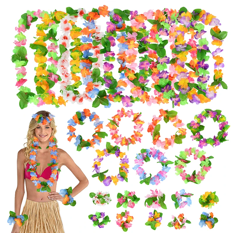 

4pcs/set Hawaii Artificial Flower Leis Garlands Necklace Decoration Tropical Beach Hawaiian Luau Summer Party Decor Fun Wreath