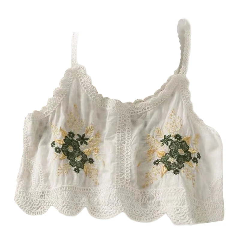

Women Embroidery Floral Camis Crop Tops O Neck Summer Crochet Sweet Sling Spaghetti Strap Daily Wear Beach Date Shopping