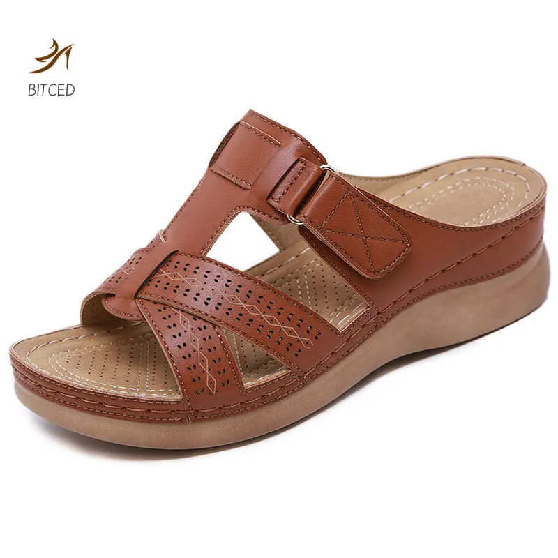 

2022 Summer Women Wedge Sandals Premium Orthopedic Open Toe Sandals Vintage Anti-slip Leather Casual Female Platform Retro Shoes