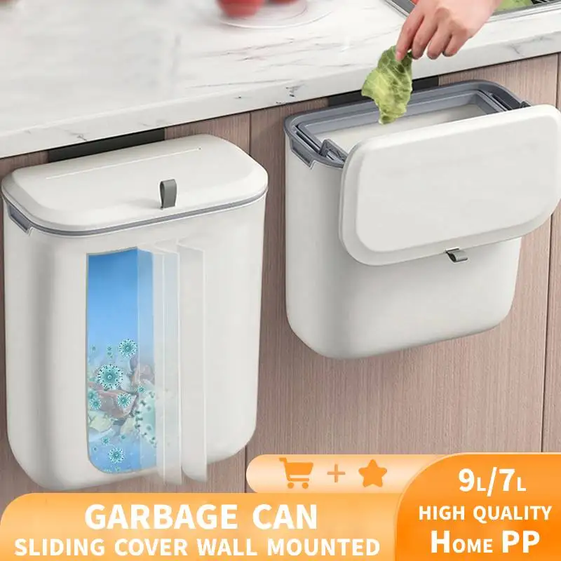 

7L/9L Wall Mounted Hanging Trash Can Bin With Lid Waste Bin Kitchen Cabinet Door Hanging Trash Bin For Dustbin Garbage Bin Tool