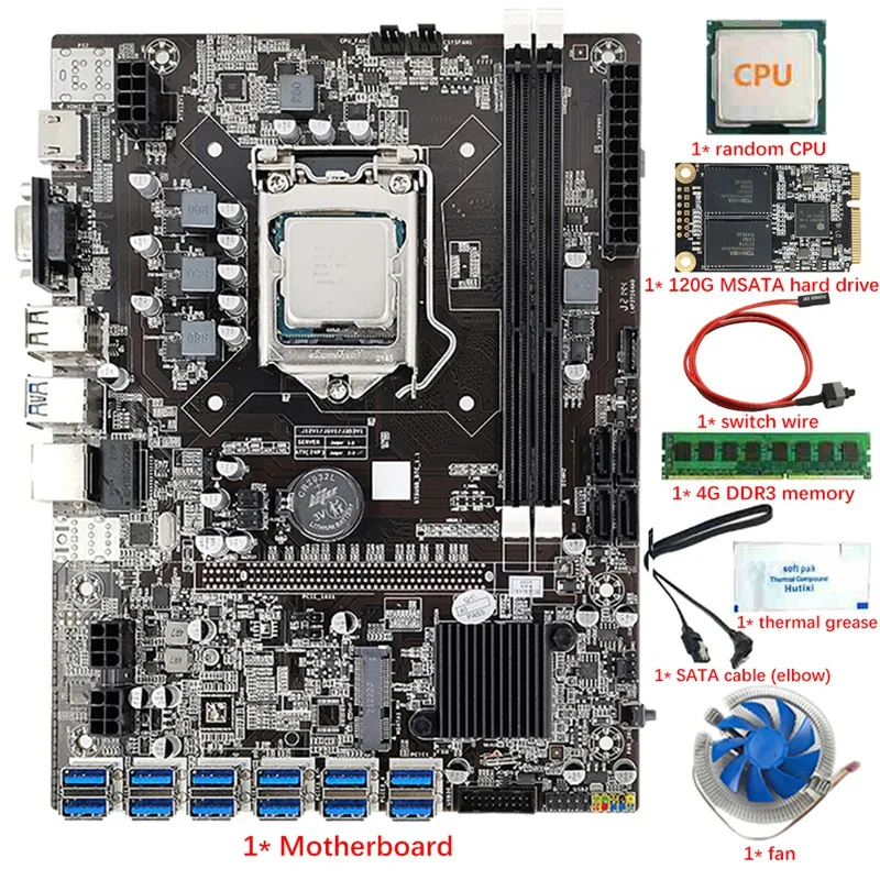 

B75 12 USB3.0 BTC Mining Motherboard CPU+Fan+4G DDR3 RAM+120G SSD+Thermal Grease+Switch Cable+SATA Cable LGA1155 SATA3.0