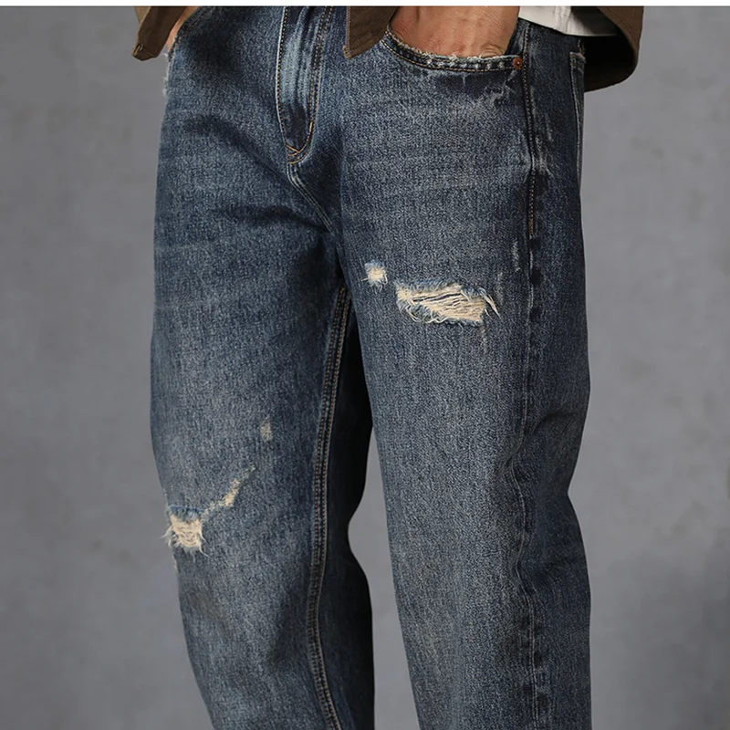 Streetwear Men 2022 New Pattern Vintage Recreational Navy Blue Jeans Loose Broad Straight Cylinder Leg Trousers Autumn Female