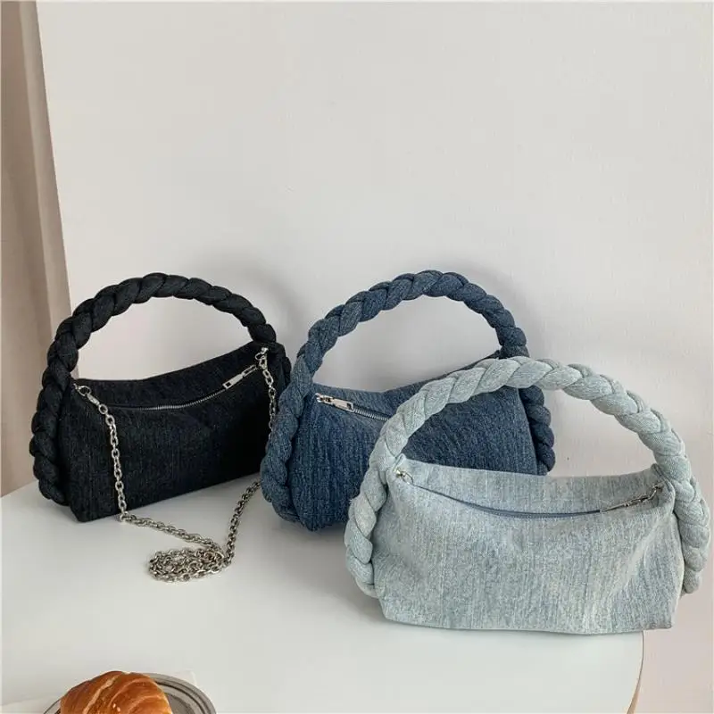 

Korean Fashion Knitted Handheld Women's Shoulder Bag Simple Horizontal Square Denim Chain Messenger Bag