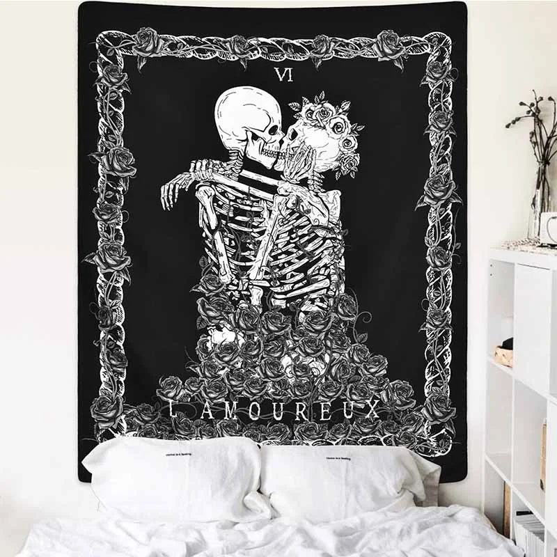 

Skull Tapestry The Kissing Lovers Wall Hanging Cloth Black Tarot Aesthetic Decoration Human Skeleton Decor for Home Bedroom Room