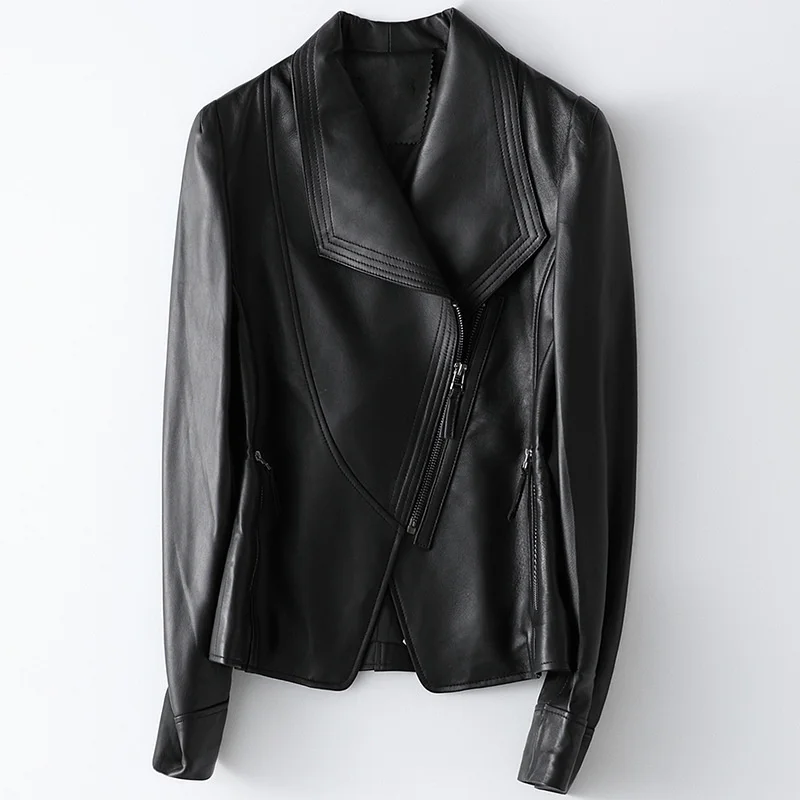 Leather Motorcycle Office Lady Jacket Women Genuine Natural Sheepskin Real Leather Coat Black Female Spring Short Outwear