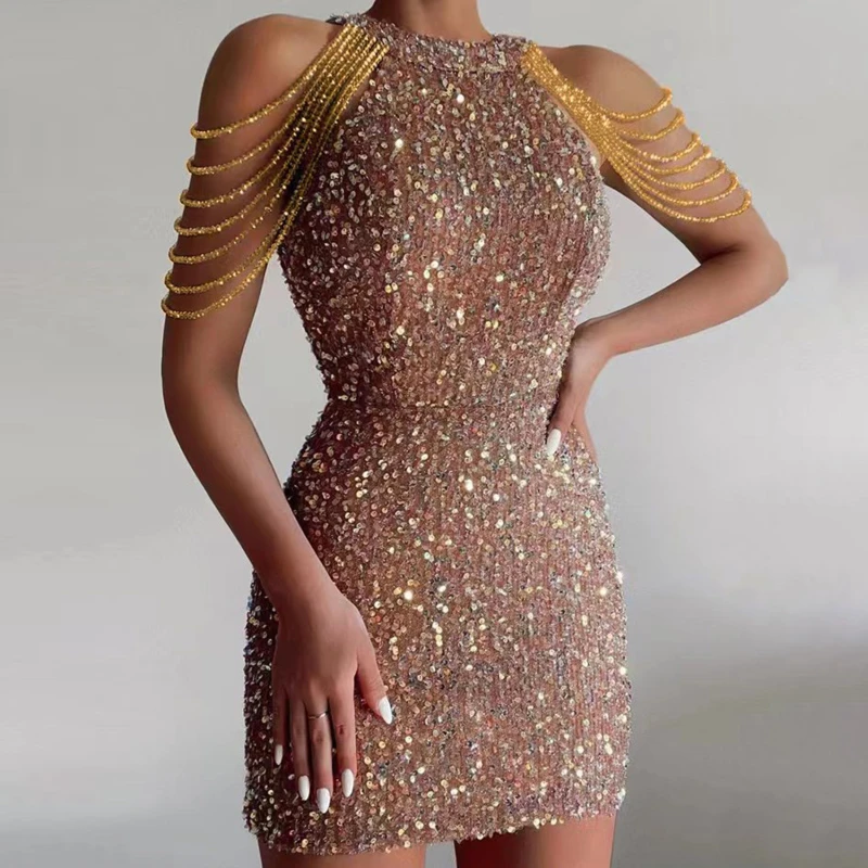 

Woman Dress Neck Hanging Sexy Crystal Fringe Sequin Dresses Elegant Temperament Slim Fit Lady Dress Women Clothing