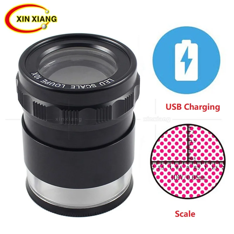 

Rechargeable 10X Illuminated Magnifier Portable Measuring Scale 6 LED Magnifying Glass Cylindrical Optical Len USB Charging Lupa