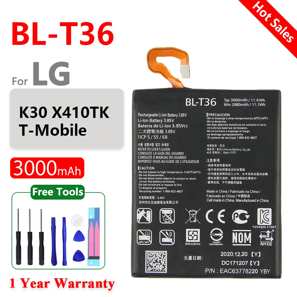 

Genuine 3000 mAh BL-T36 Replacement Battery For LG K30 X410TK BL T36 BLT36 Mobile Batteria Phone Batteries+Free Tools