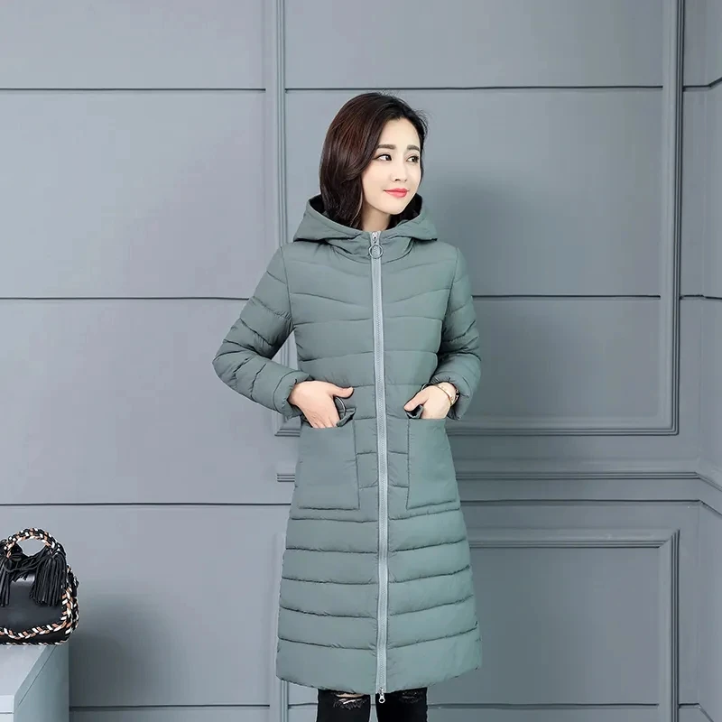 Slim Hooded Mid Length Parkas Elegant Cotton Padded Winter Warm Women Jackets Korean Snow Wear Long Sleeve Thicken Outwear