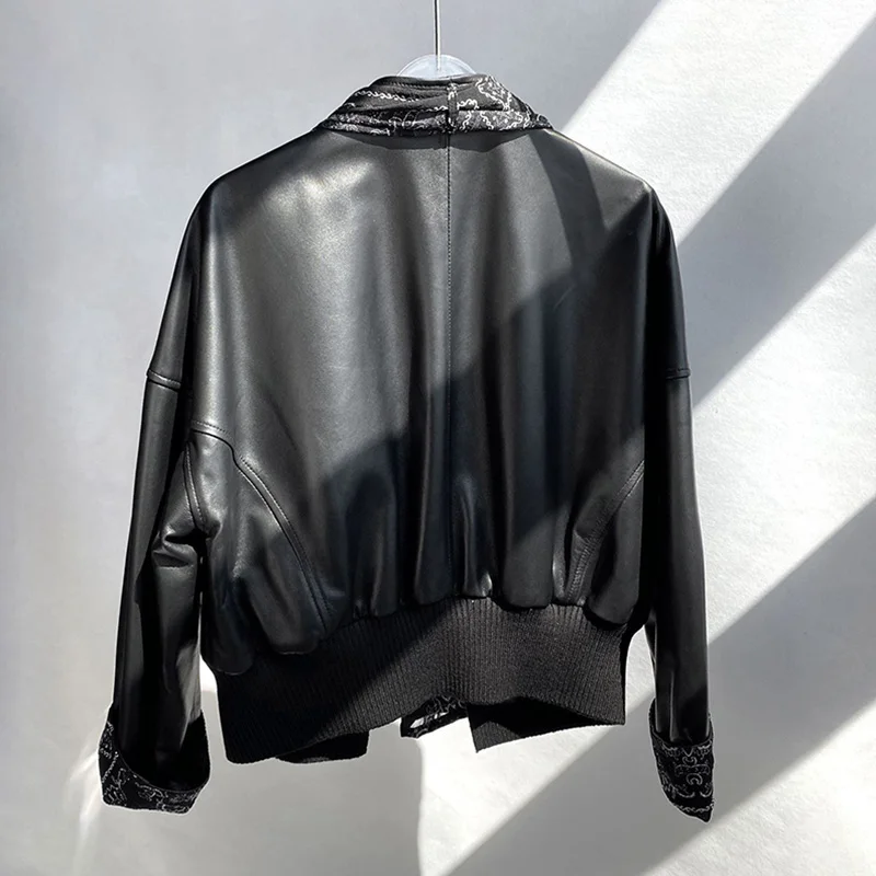 Women Leather Jackets Coats Chiffon Panel Tie Solid Dropped Shoulder Cropped Sheepskin Short Coats Elegant 2022 Autumn TF5003